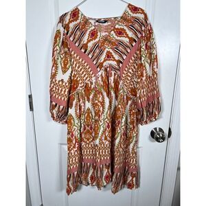 BTFBM Womens V-Neck Geometric Paisley Print Tiered Mini Dress Large